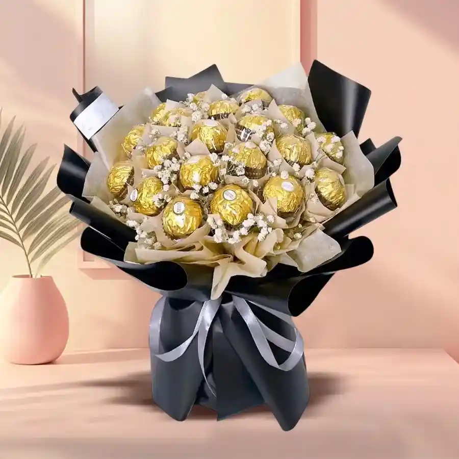 A beautifully arranged bouquet of 48 Ferrero Rocher chocolates wrapped in soft tissue, designed as a birthday gift.