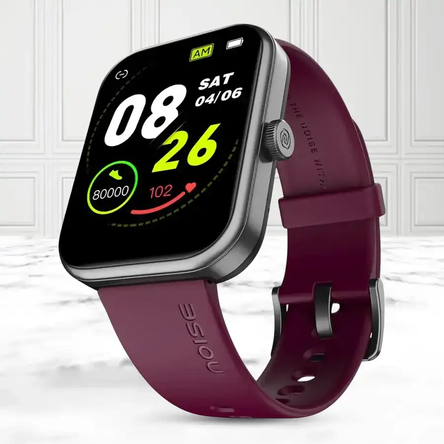 Fashionable Noise Colorfit Pulse 2 Max Smart Watch in deep wine color with 100 sports modes and 150+ customizable watch faces.