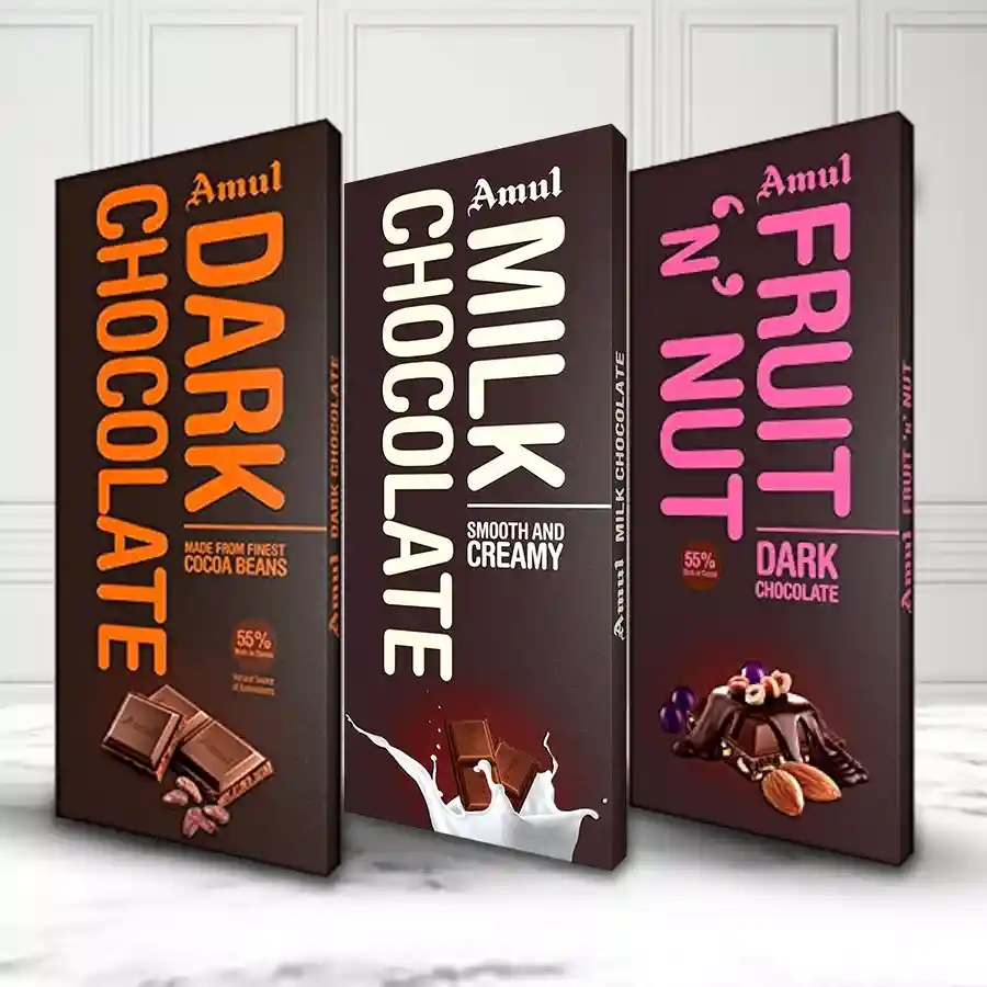Delectable 3 pcs Amul Chocolates Gift Combo including Amul Fruit n Nut Bar, Milk Chocolates, and Dark Chocolates
