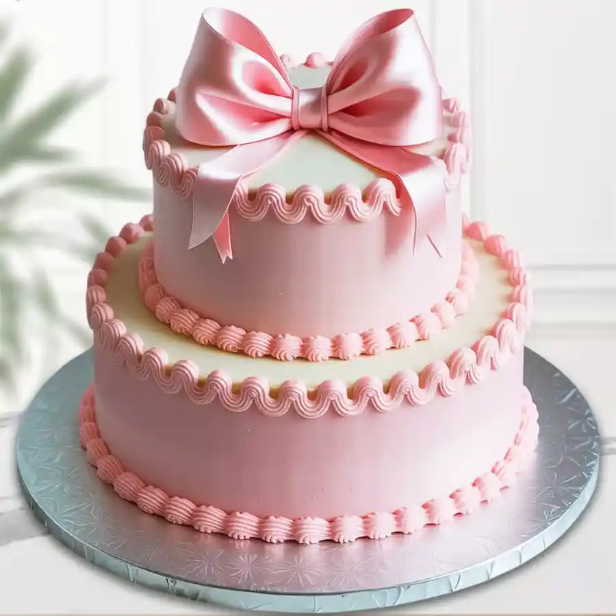 Two-tier eggless strawberry cake with pink butter icing and colorful toppings.