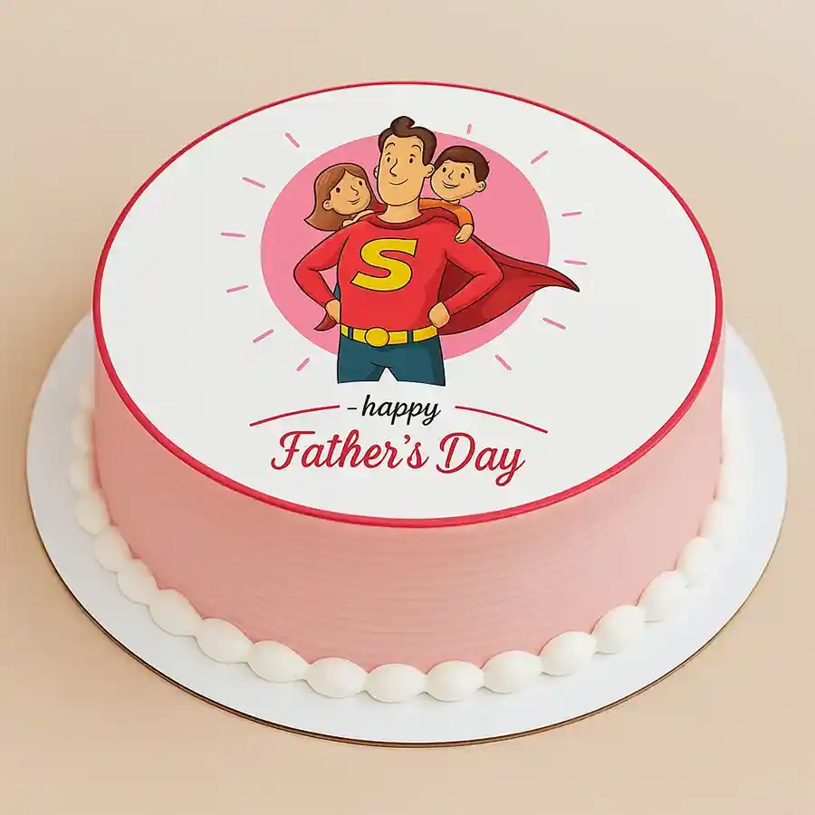 Round vanilla cream cake themed for Father's Day, celebrating Superhero Dad.