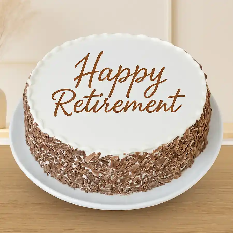 Heartwarming Black Forest cake for retirement celebrations, showcasing rich chocolate layers and whipped cream.