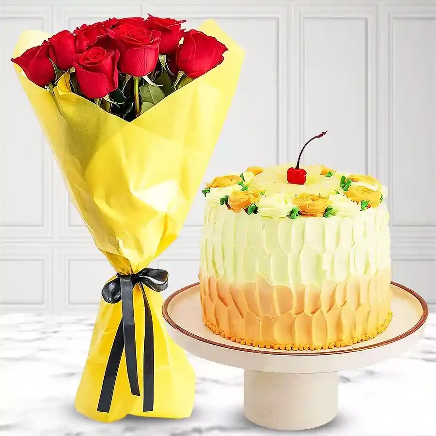 A vibrant red roses bouquet paired with a delicious 1Lb pineapple cake, perfect for gifting.