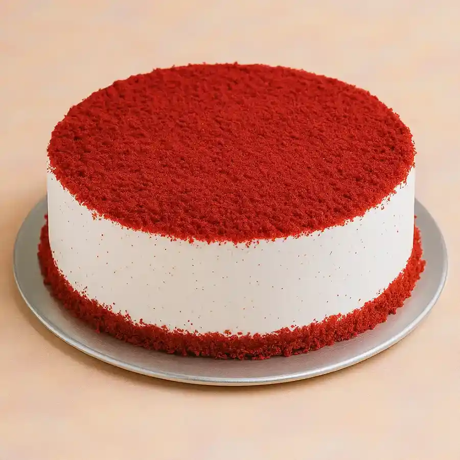 A delectable eggless red velvet cake, weighing 500 grams, perfect for celebrations and special moments.