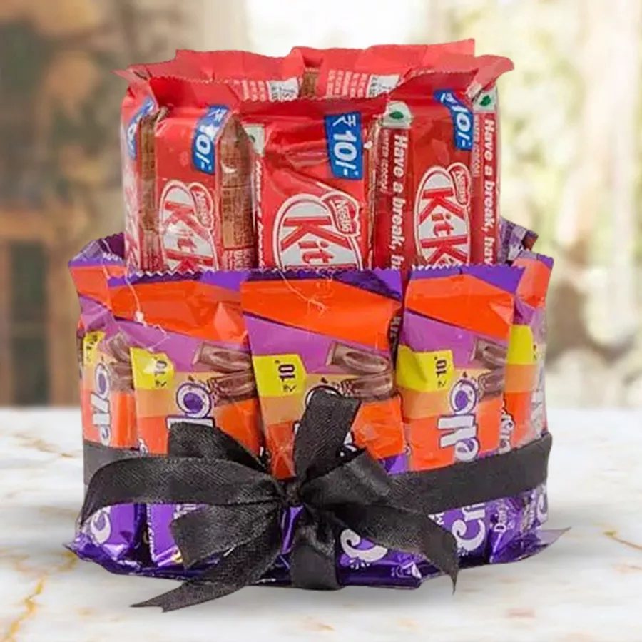 Indulgent Double Deck Arrangement of KitKat and Crispello chocolates stacked in a decorative bouquet