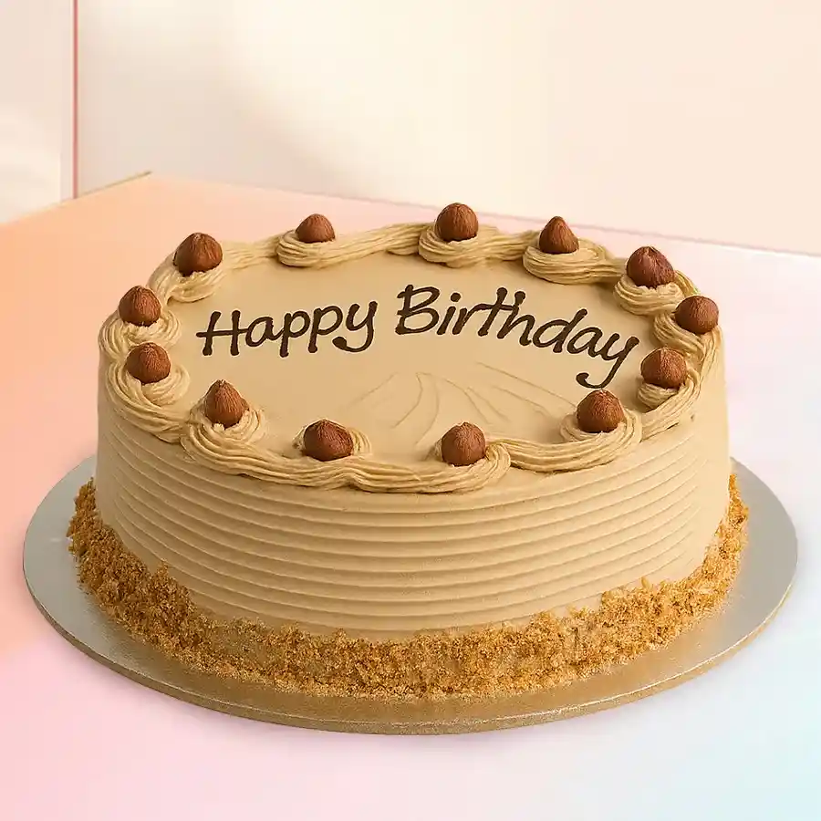 A delightful eggless coffee cake, perfect for gifting on birthdays, weighing 500 grams, with rich coffee flavors.