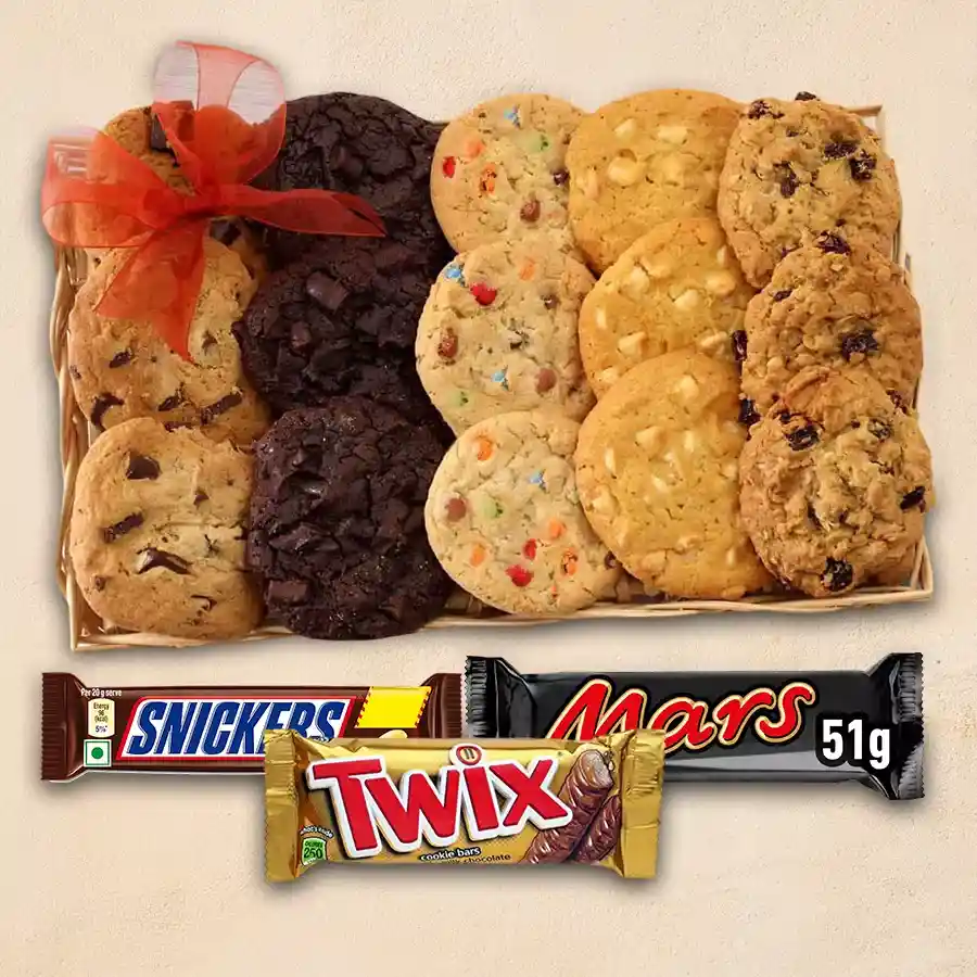 Ambrosial Cookies and chocolates gift hamper displayed on a stylish wooden tray.