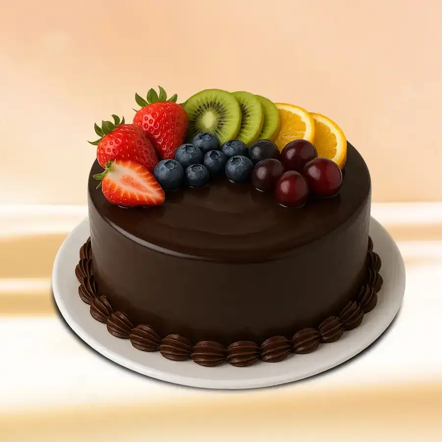 Chocolate Fruit Fantasy Cake featuring fresh fruits and rich chocolate, perfect for gifting and celebrations.