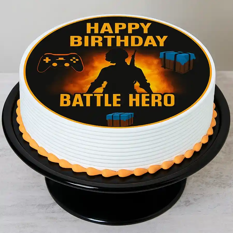 Epic PUBG Battleground Photo Cake for gamers, personalized option included.