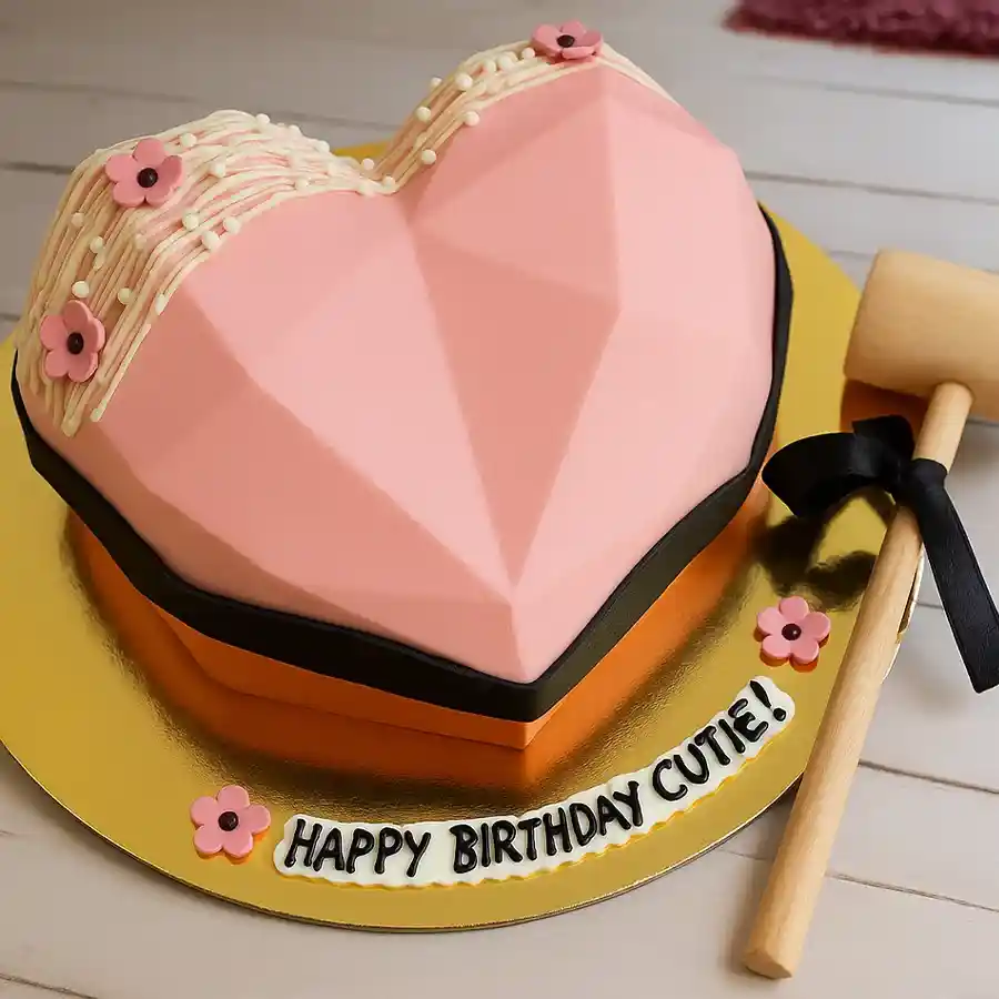 Heart-shaped pink piñata cake with a hammer for smashing, perfect for celebrations.