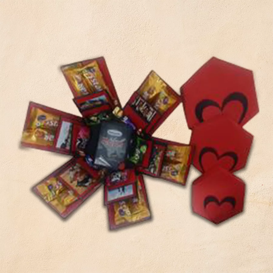Magical explosion box filled with assorted chocolates and six personalized digital photos arranged beautifully.