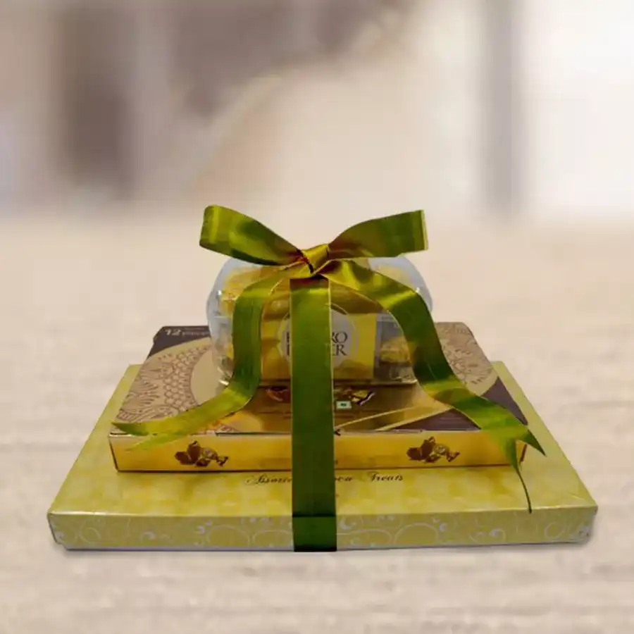 Enticing 3-Layer Chocolate Tower Gift featuring truffle chocolates, Ferrero Rocher Moments, and Ferrero Rocher Hazelnut Chocolates arranged elegantly