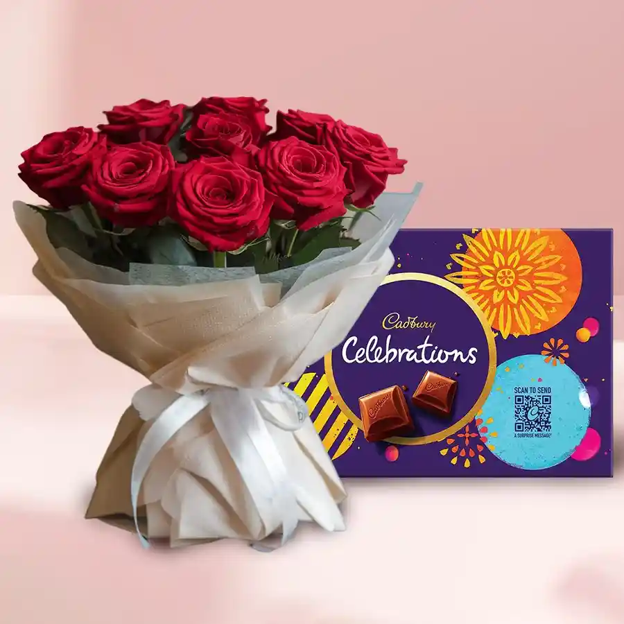 A bouquet of 10 red roses with Cadbury Celebrations chocolates wrapped in tissue, ideal for gifting on special occasions.