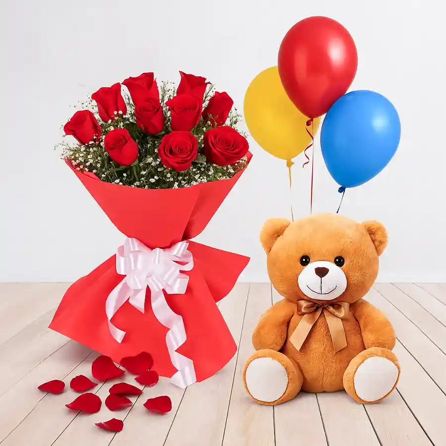 Gift combo featuring a bouquet of 12 red roses, an 8-inch teddy bear, and three colorful balloons celebrating joy and affection.