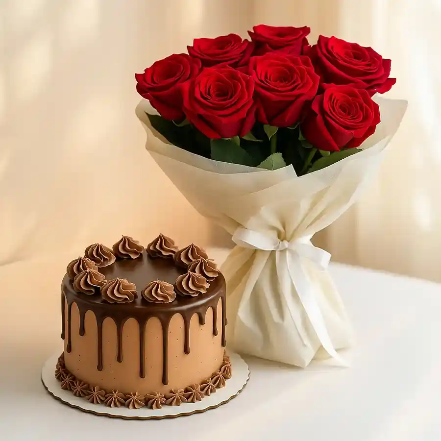 A beautiful bouquet of 10 red roses with a rich chocolate cake, ideal for birthday celebrations.