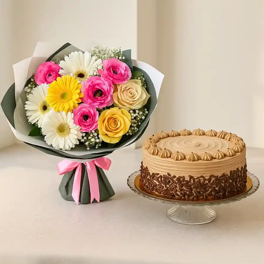 A delightful gift combo featuring a bouquet of 12 mixed flowers and a 2.2Lb coffee cake, ideal for celebrating special moments.