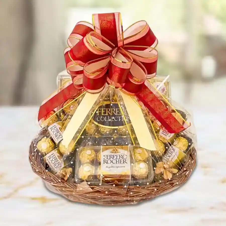 Ferrero Rocher Hamper with chocolates arranged in a stylish basket