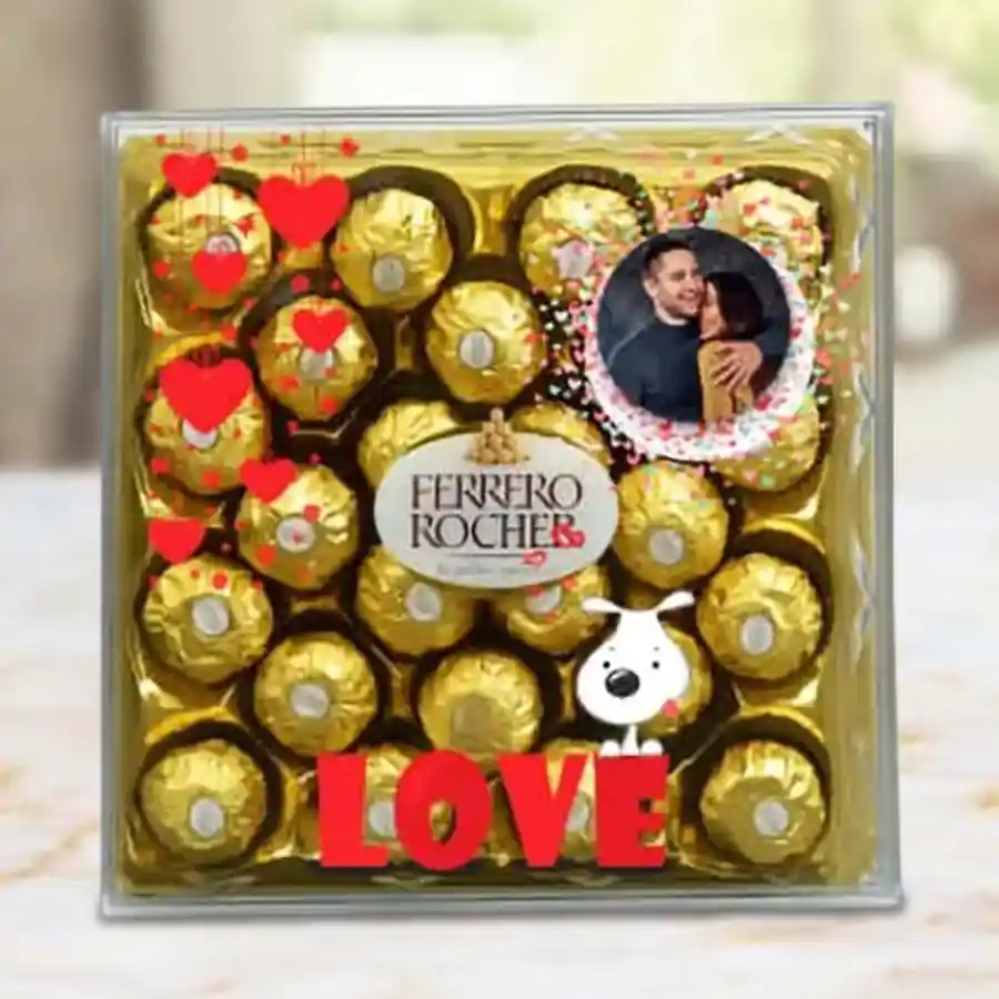 Customized Ferrero Rocher box featuring a romantic heart theme and a personalized photo
