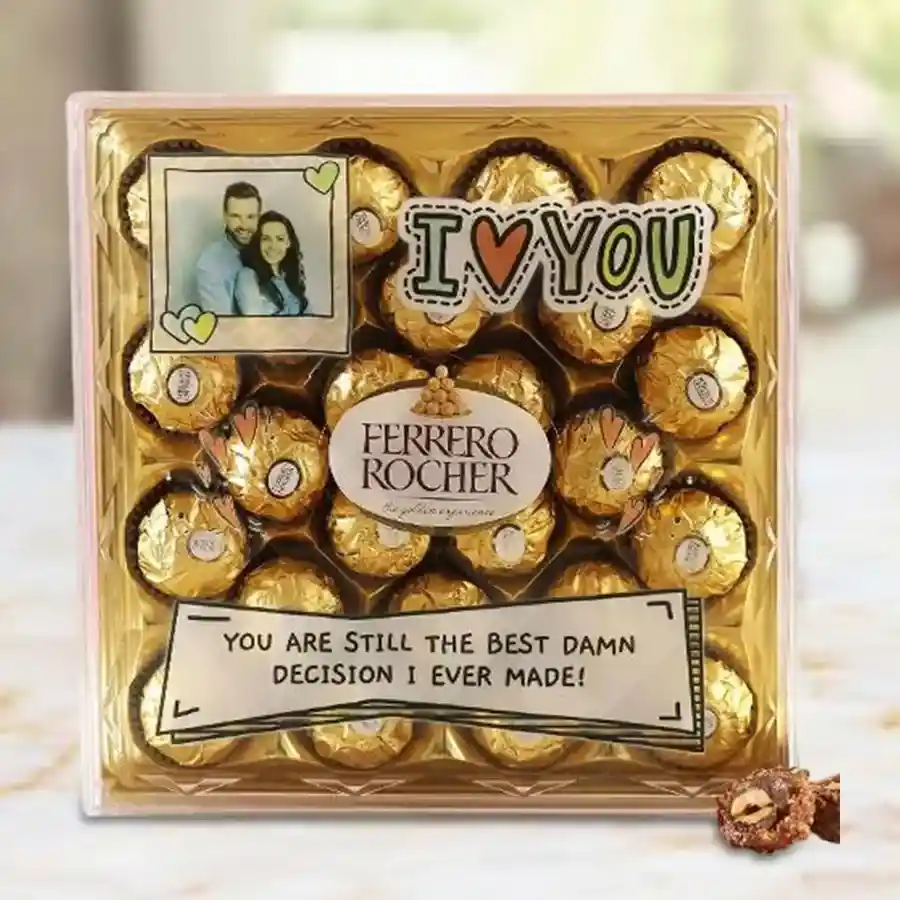 Personalized Ferrero Rocher box with a custom photo and message, showcasing 24 chocolate pieces.