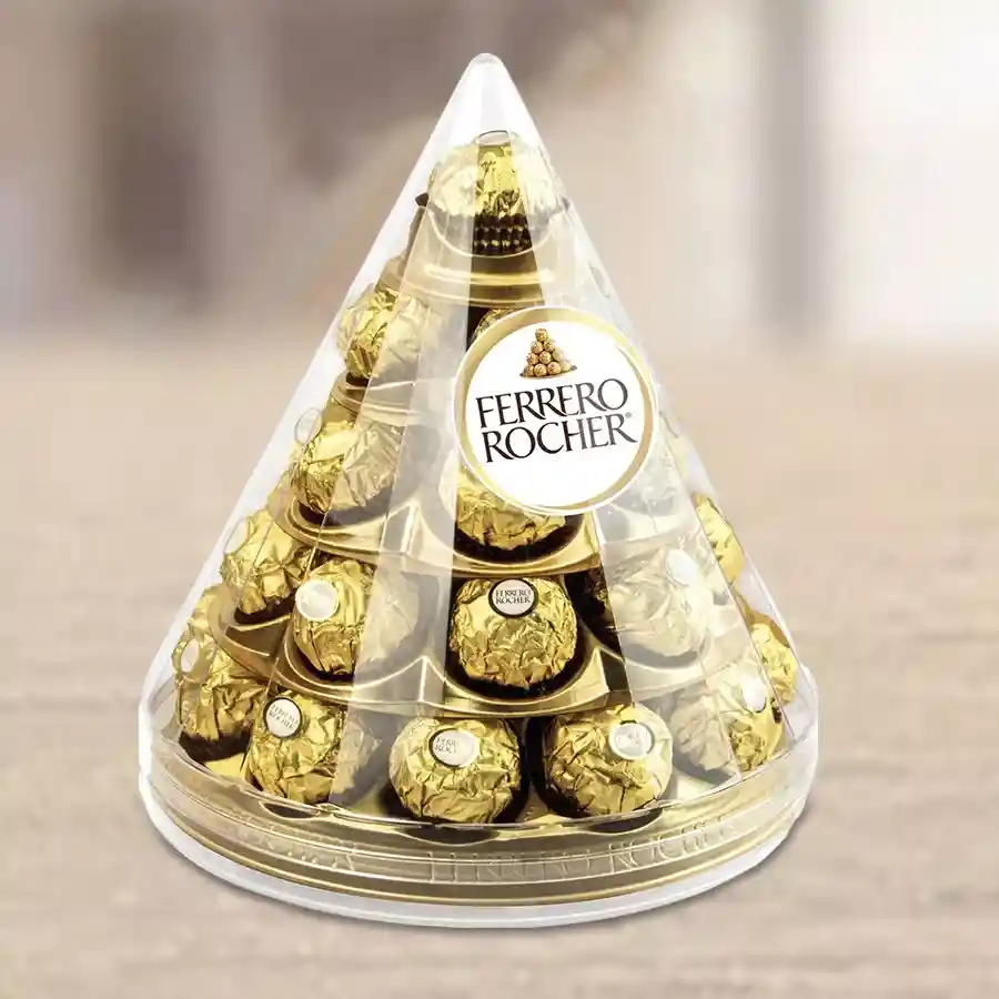 Ferrero Rocher Choco Pyramid Tower featuring 28 beautifully stacked chocolate treats arranged elegantly.