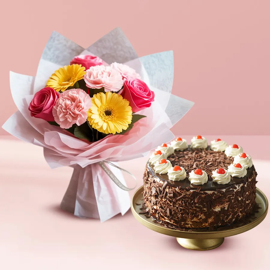 Vibrant mixed flowers bouquet with Black Forest cake, perfect gift.
