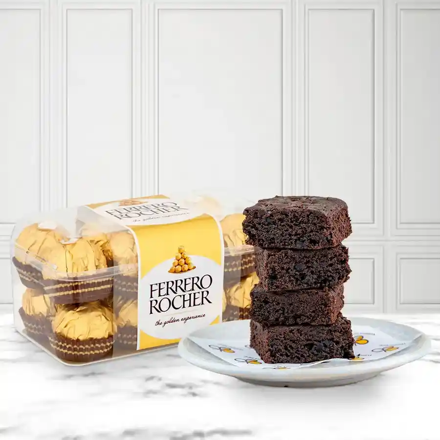 Sumptuous brownies topped with Ferrero Rocher chocolates, ideal for gifting or personal enjoyment.