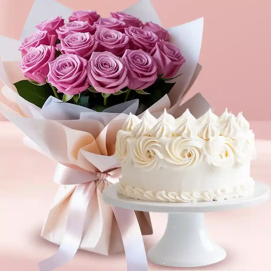 1Lb vanilla cake accompanied by a bouquet of 10 pink roses.