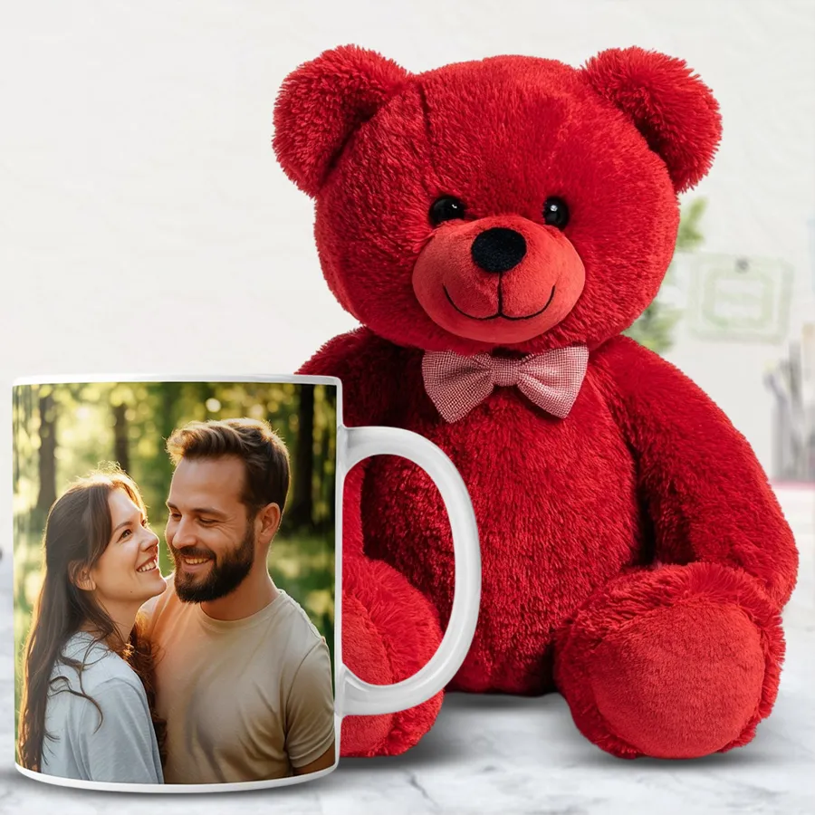 Adorable red teddy bear and personalized photo mug combo for Valentine’s Day gift.