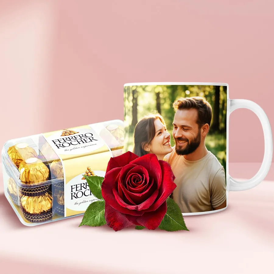 Alluring gift set with Ferrero Rocher chocolates, red rose, and personalized mug for special occasions.