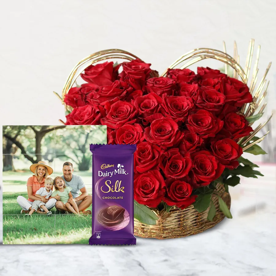 Heart-shaped rose bouquet with chocolate and personalized photo tile gift.