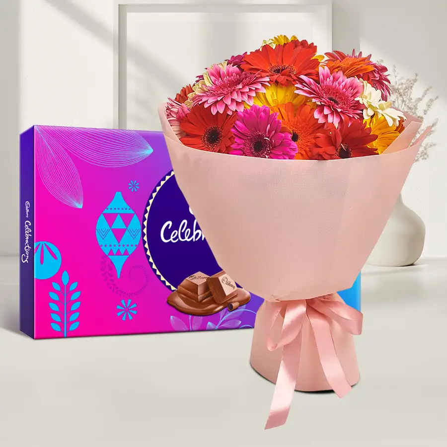 25 assorted gerberas bouquet with a Cadbury Celebration gift pack.