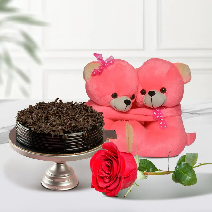 Personalized chocolate cake, single rose, and hugging teddy bear gift set.