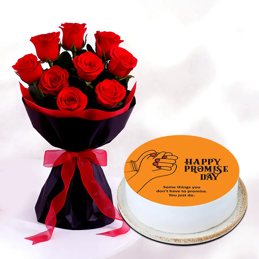 Luscious Promise Day Vanilla Cake paired with a bouquet of pink roses, perfect for Valentine's Day gifts.