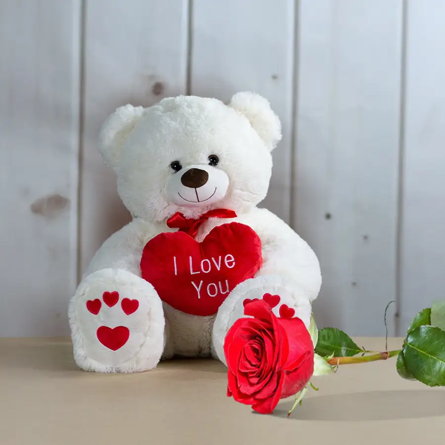 Adorable teddy bear and premium single rose gift combo for Valentine's Day.