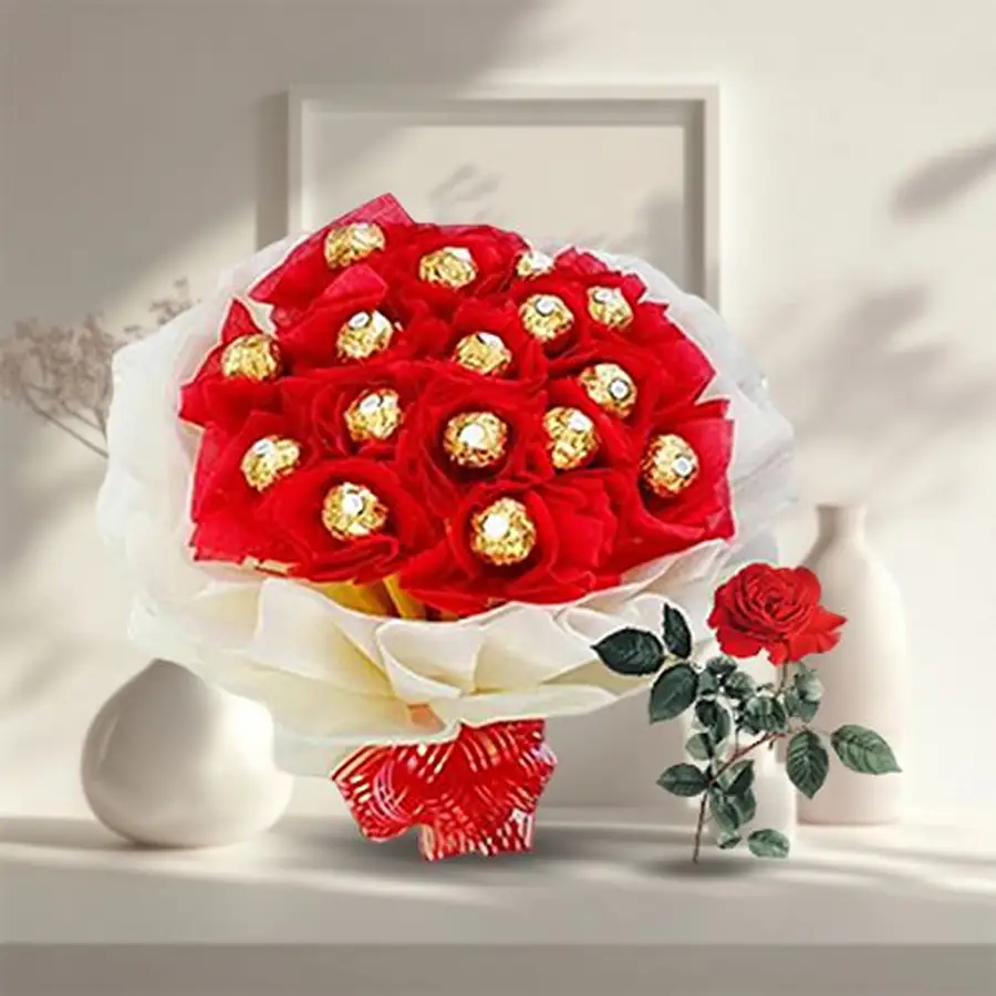 A bouquet featuring a single red rose and 16 Ferrero Rocher chocolates, elegantly wrapped in tissue.