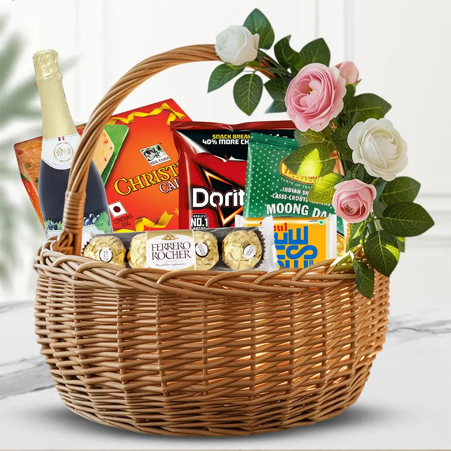 Merry Moments Festive Gift Basket with wine, snacks, and cake for holiday gifting.
