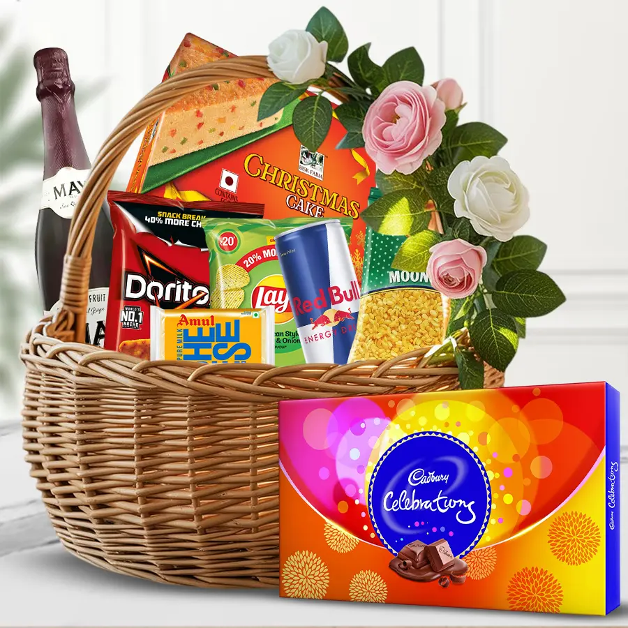A festive Santa's Specialty Treats Surprise Basket filled with snacks, wine, and a Christmas fruit cake, perfect for holiday gifting.