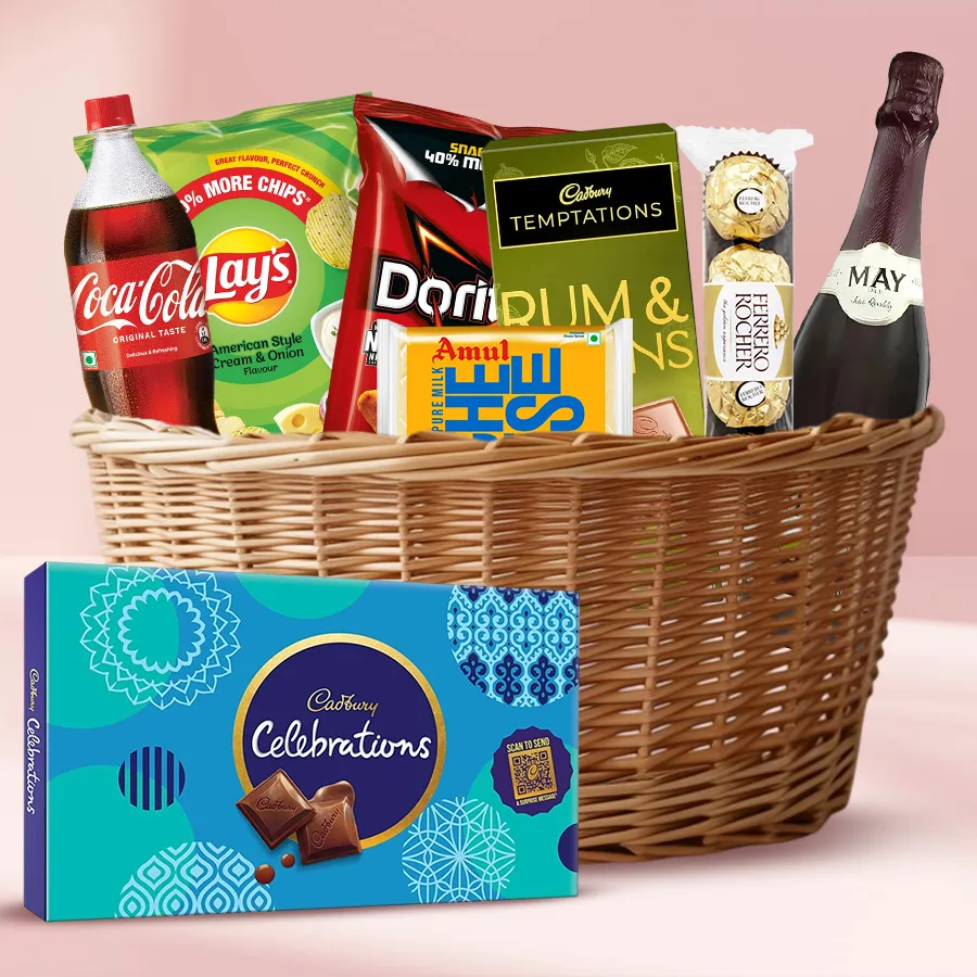 Sparkling Wine & Cheese Bliss Basket featuring wine, chocolates, and savory snacks in an elegant gift basket.