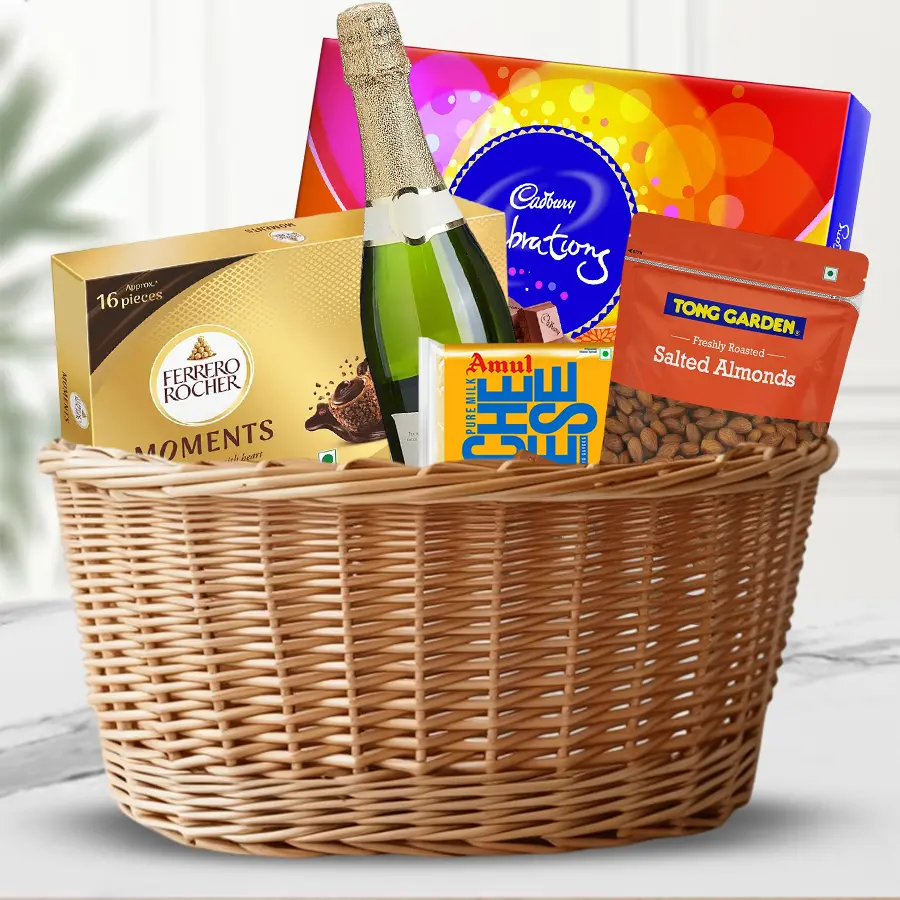 Festive Gifting with Wine and Treats basket including chocolates, wine, cheese, and almonds for holiday celebrations.