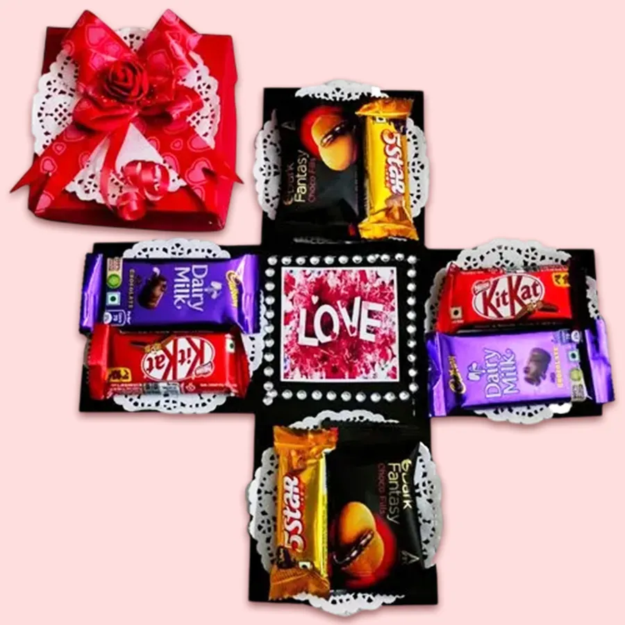 Magical Single Layer Chocolate Explosion Box filled with assorted chocolates and cookies