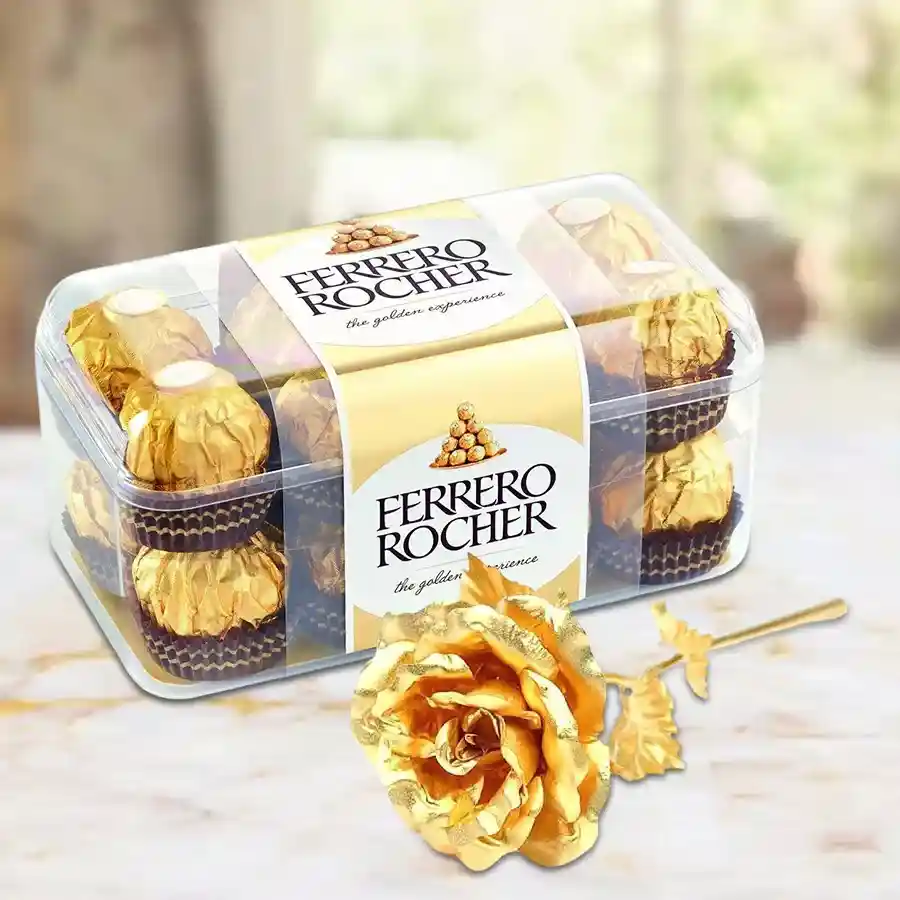 Special Ferrero Rocher chocolates paired with a golden rose in an elegant gift box
