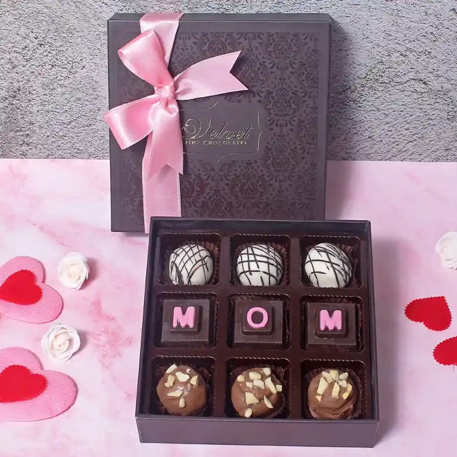 Nine assorted chocolates and truffles in an elegant gift box for Mother's Day