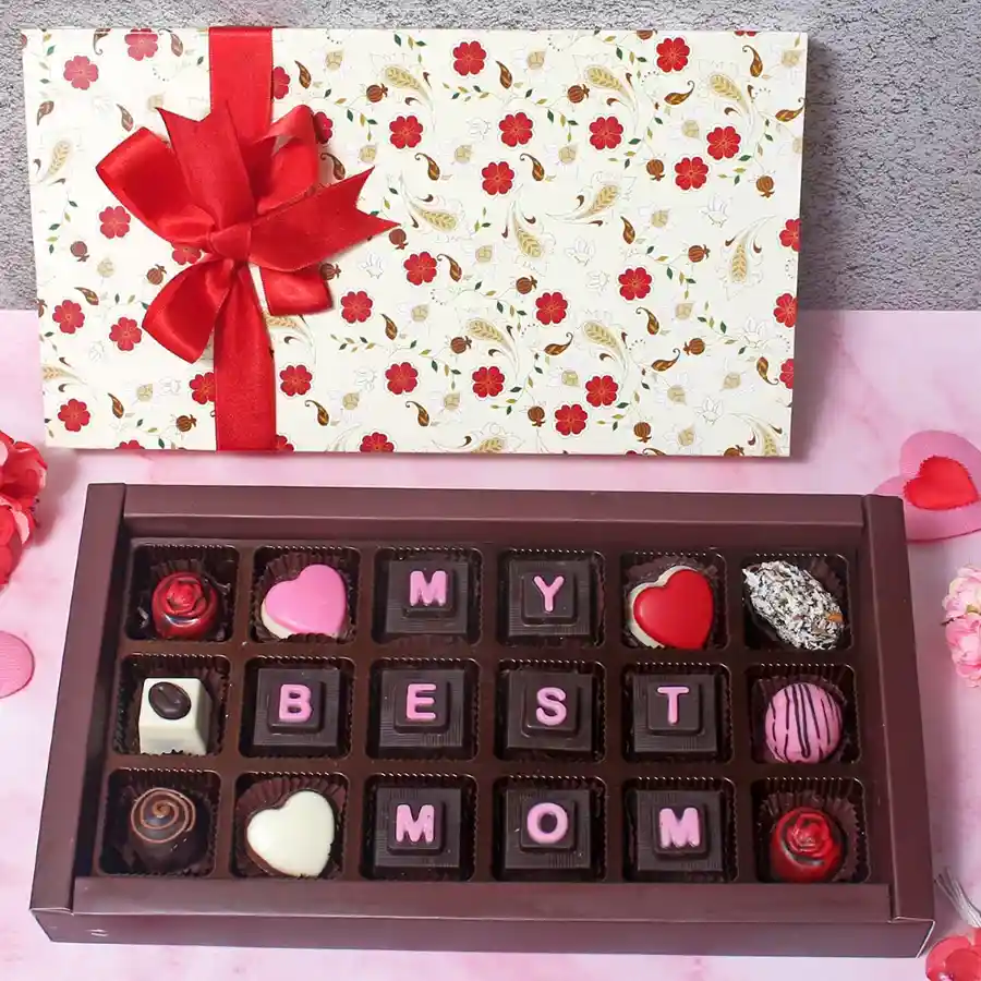 Premium Best Mom Chocolate Gift Box filled with 18 engraved chocolates expressing love and gratitude