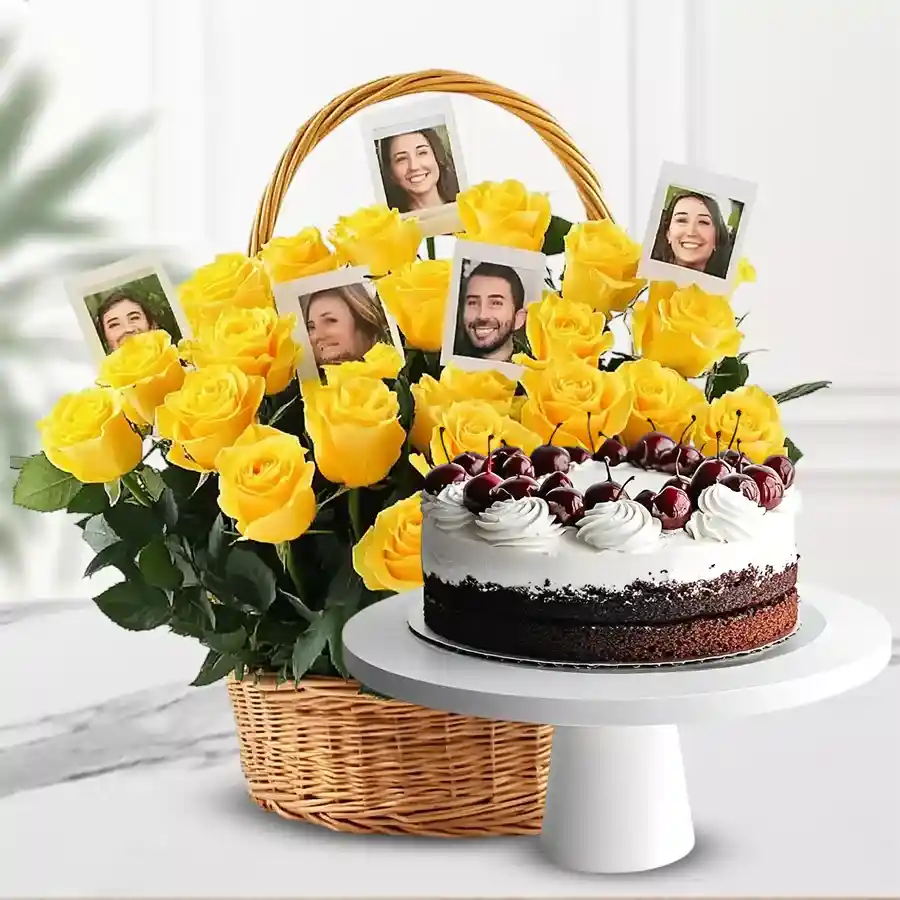 A vibrant basket with 25 yellow roses, personalized photos, and a Black Forest cake, perfect for gifting and celebrating special moments.