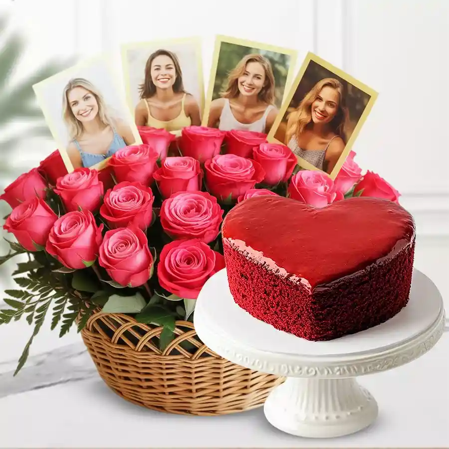 Heart-shaped red velvet cake with 15 red roses and personalized photos in a decorative basket.