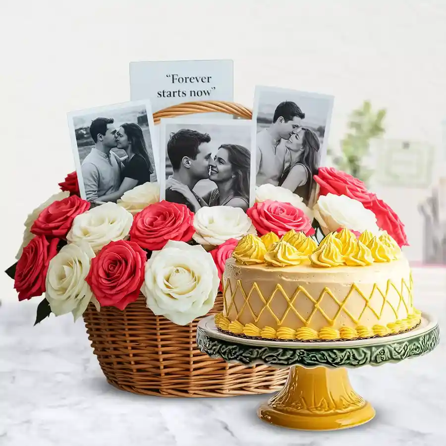 Elegant arrangement of mixed roses with personalized photos and pineapple cake in a basket.