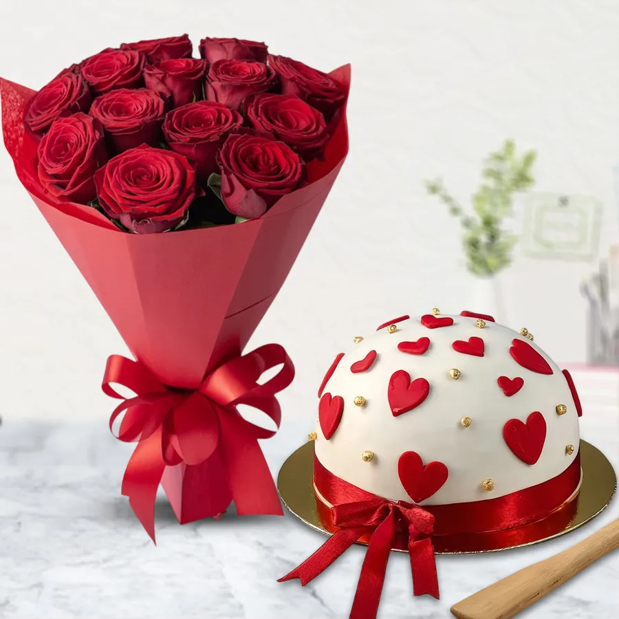 Romantic gift combo featuring a Love Pinata Cake and a bouquet of 10 red roses, perfect for Valentine's Day.