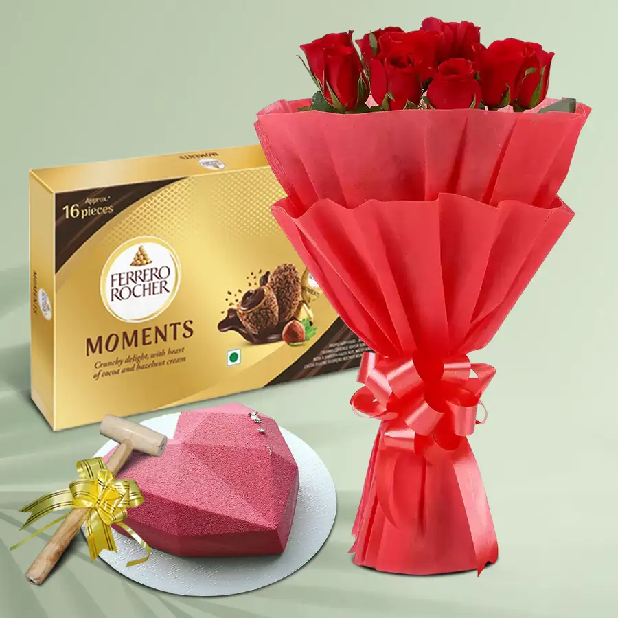 Heartfelt Strawberry Celebration Gift Set with roses, piñata cake, and chocolates.