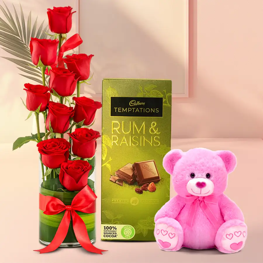 A vase of 10 red roses, a Cadbury Temptation bar, and a 6-inch Love Teddy.