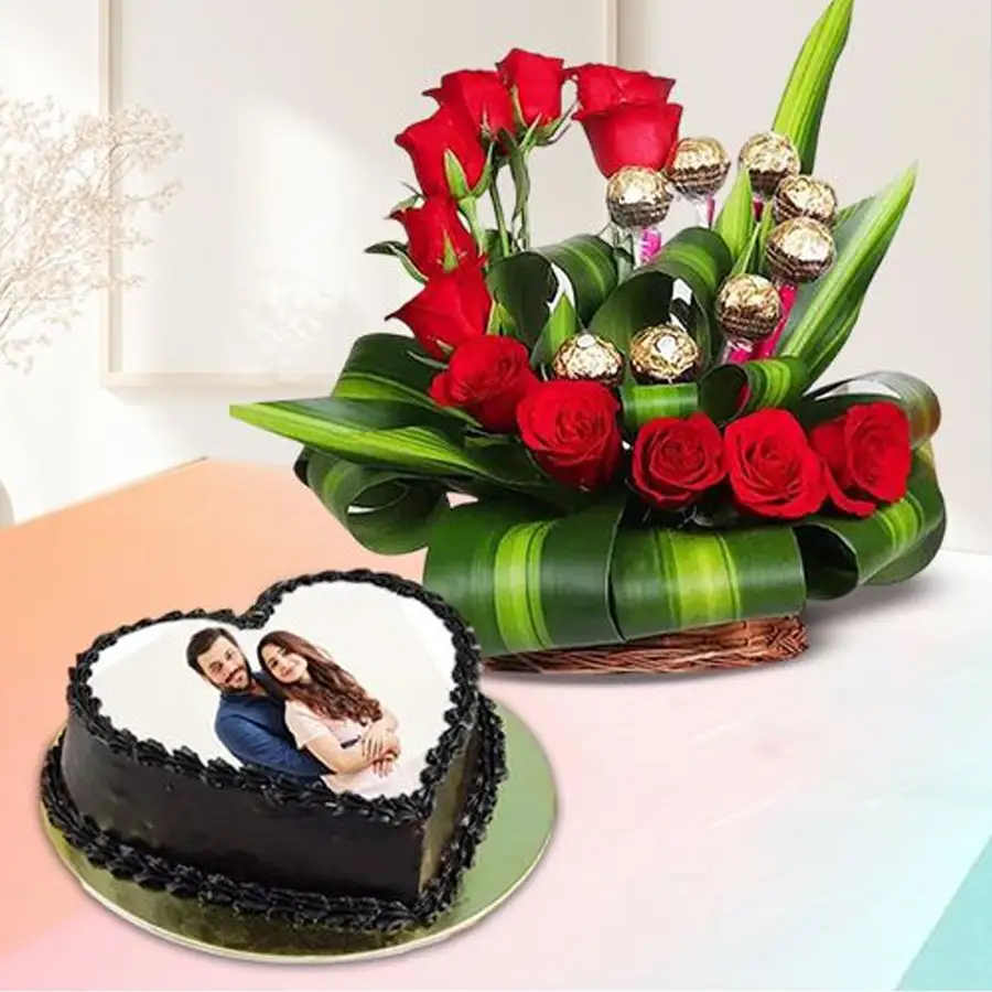 A delightful gift combo featuring a personalized heart-shaped cake, 12 red roses in a heart arrangement, and Ferrero chocolates for special celebrations.